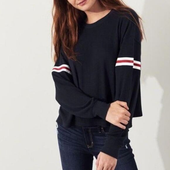 Hollister Navy Waffle-knit Long Sleeve Boyfriend Crop Crew with Varsity Stripes - Picture 1 of 16